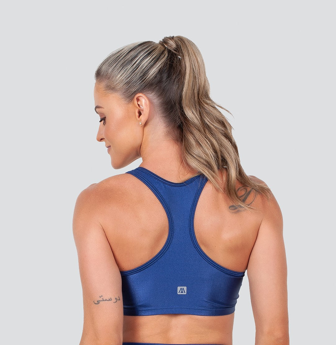 Dark Night Blue Glossy T-Back Sports Fitness Basic Bra with Removable Cup