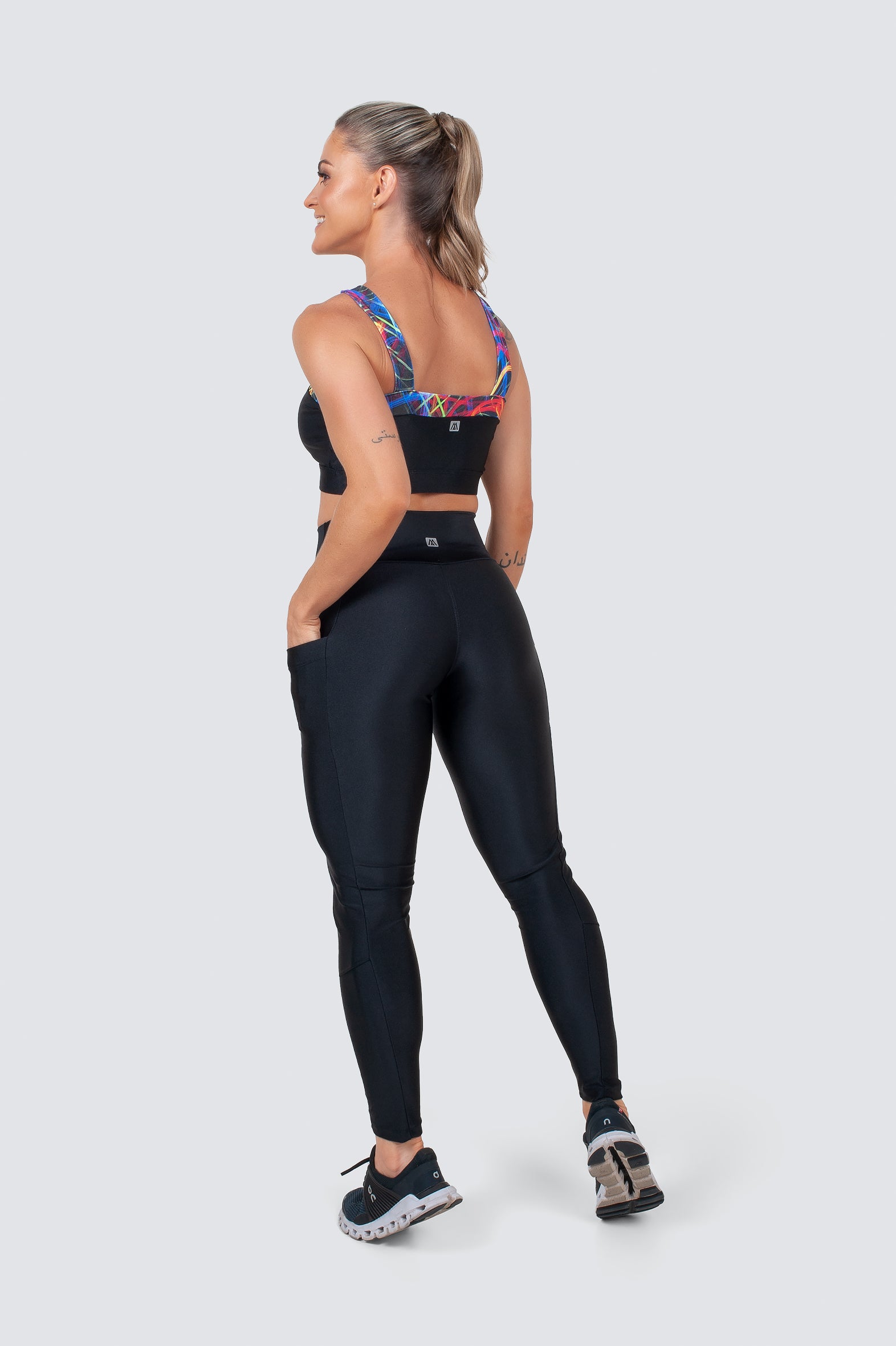 Black/Neon Lights Print Women's Glossy Front Crossed Sports Bra