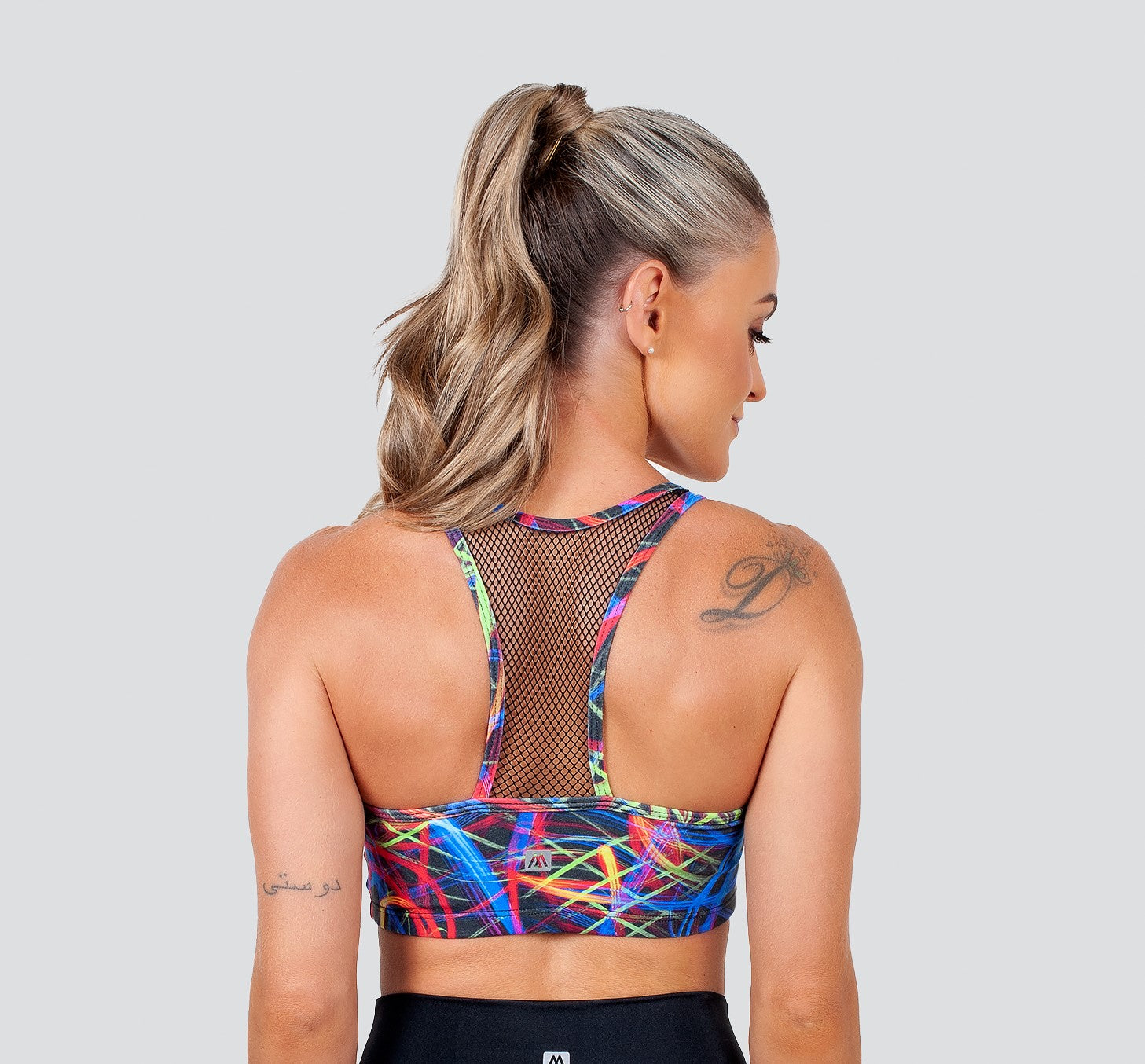Neon Lights Print T-Back Net Sports Fitness Bra with Removable Cup