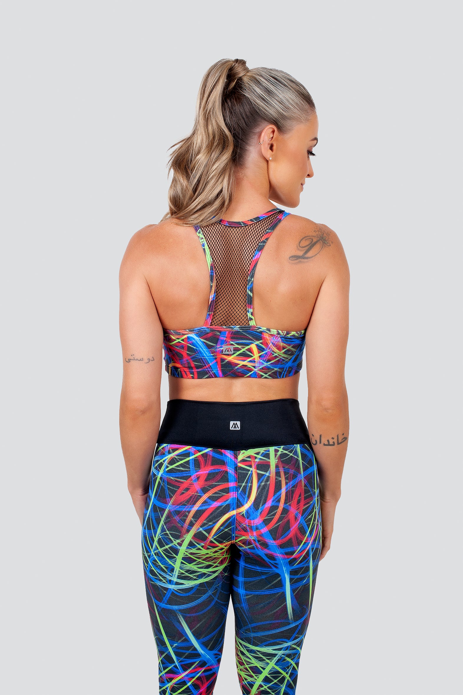 Neon Lights Print T-Back Net Sports Fitness Bra with Removable Cup